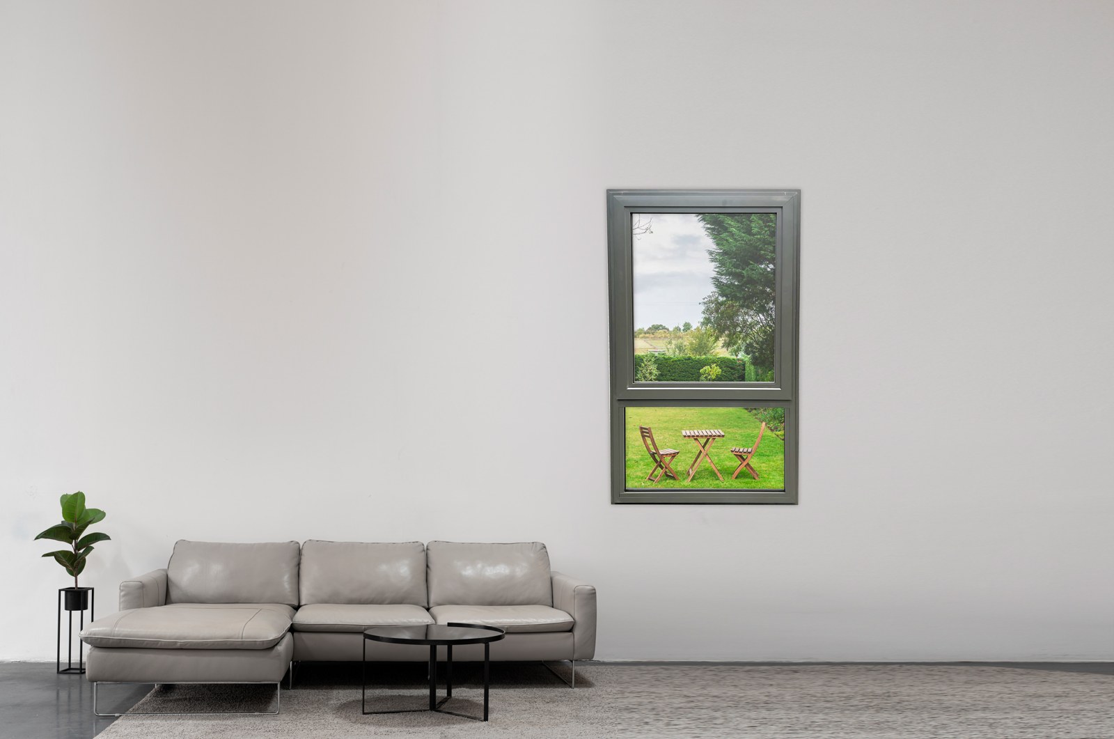Grey aluminium awning window installed in a minimal living room