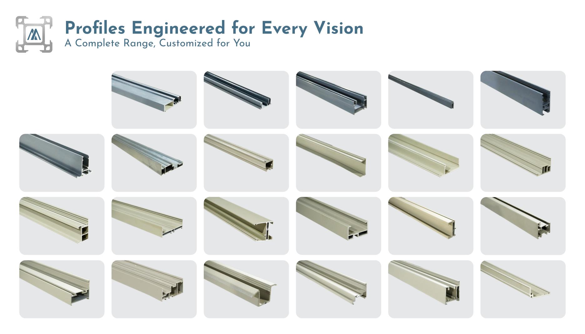 Grid of Aluxa aluminium extrusion profiles in silver, bronze and charcoal finishes